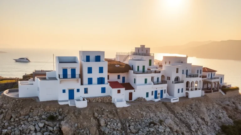 Λευκά σπίτια με μπλε παντζούρια πάνω από βραχώδη ακτή στο δειλινό