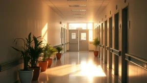 Φωτεινός διάδρομος κλινικής με φυτά και απογευματινό φως από το βάθος