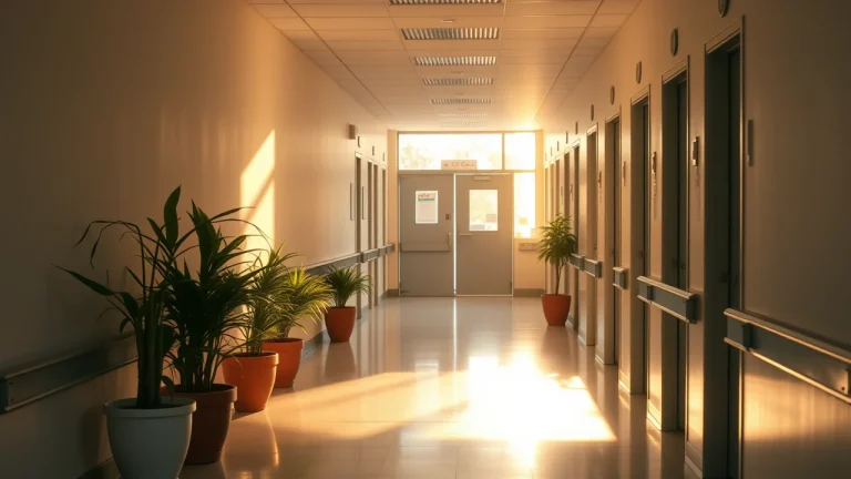 Φωτεινός διάδρομος κλινικής με φυτά και απογευματινό φως από το βάθος