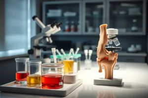 Εργαστηριακός πάγκος με μικροσκόπιο και ανατομικό πρόπλασμα γόνατος