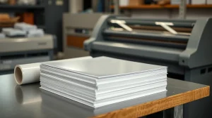 Stack of laminated printed sheets next to a roll of laminating film in a print shop
