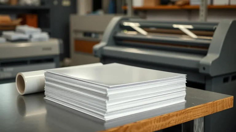 Stack of laminated printed sheets next to a roll of laminating film in a print shop