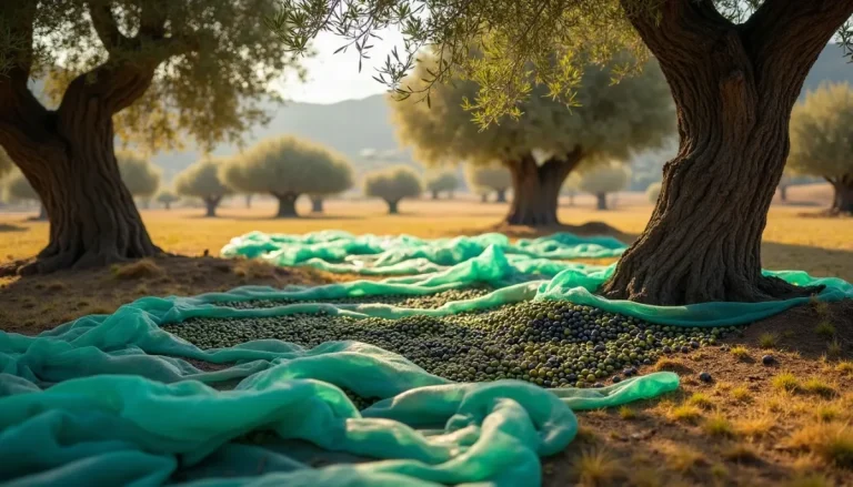 Harvest nets full of olives under old olive trees in a Messinian grove
