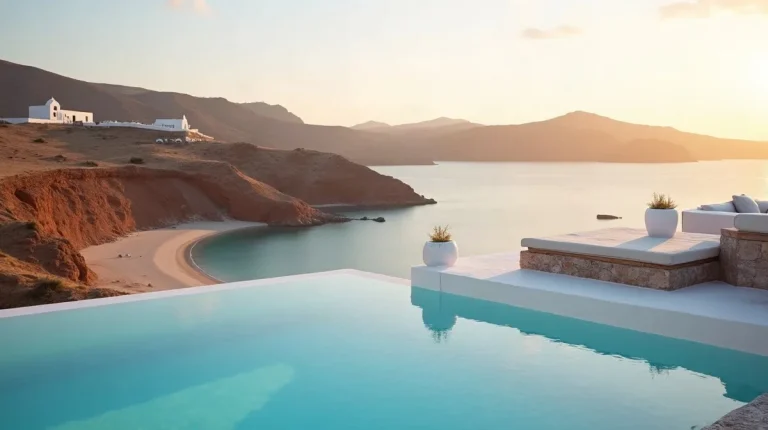 Infinity pool terrace above a sandy cove on the west coast of Mykonos at sunset